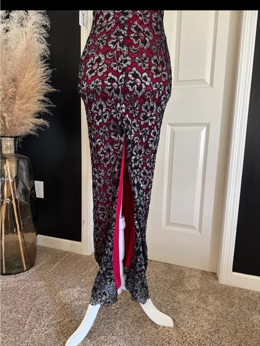 NWT Vintage Carabella RED/BLACK Silver Shimmer Floral Evening Gown size SMALL - Picture 6 of 12